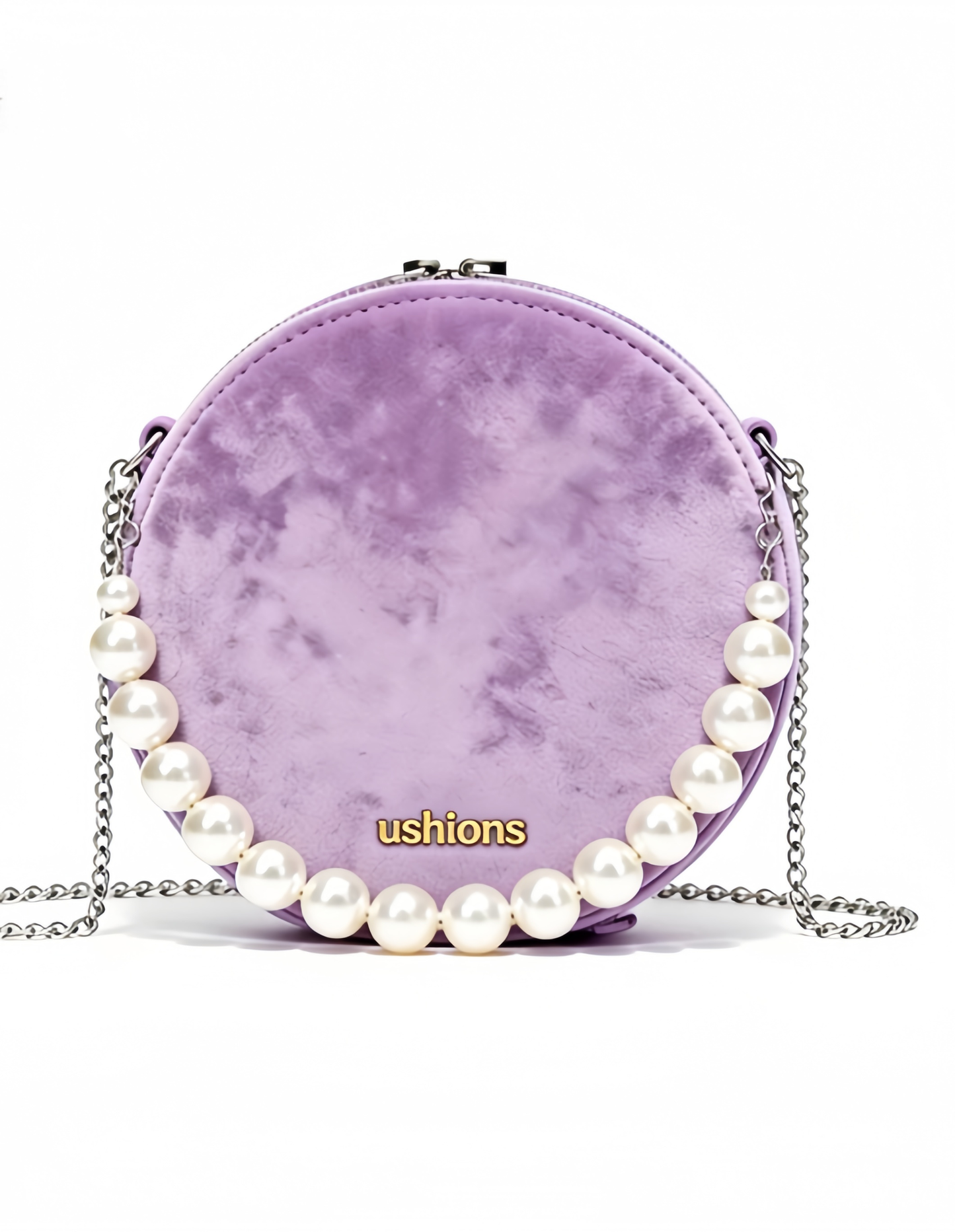Lavender Velvet Round Crossbody Bag with Pearl Detail