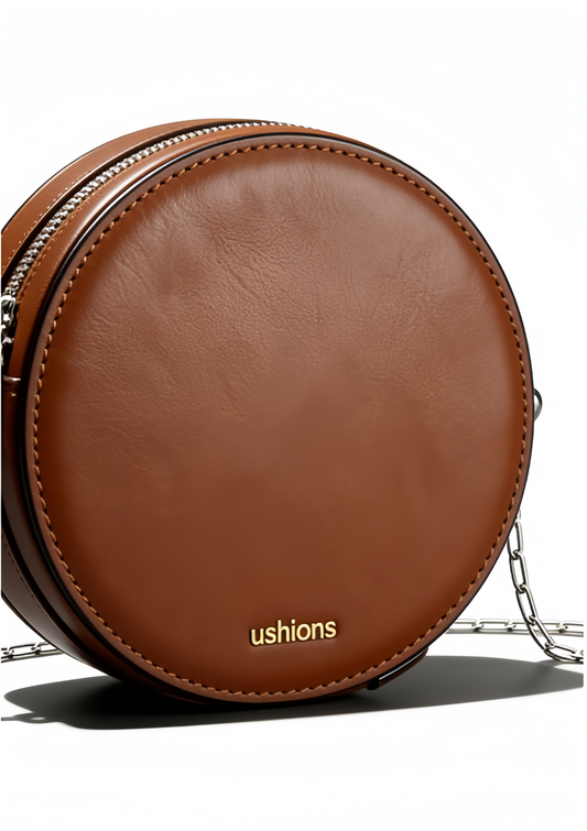 Cocoon Round-Brown Leather Circular Crossbody Bag with Silver Chain