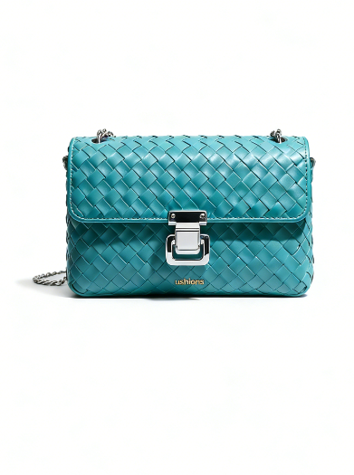 Novelty-Teal Woven Leather Chain Crossbody Bag