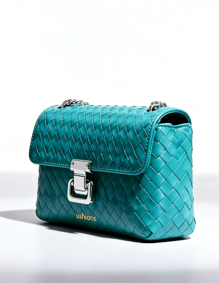 Novelty-Teal Woven Leather Chain Crossbody Bag