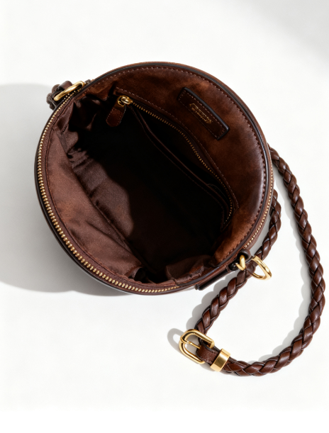Brown Leather Round Crossbody Bag with Braided Strap