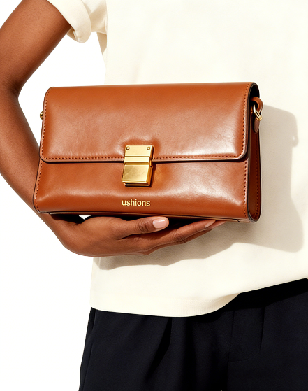 Tan Leather Flap Crossbody Bag with Gold Clasp