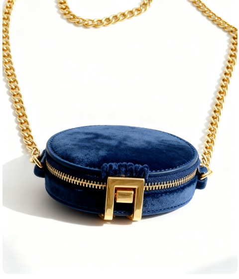 Navy Blue Suede Round Crossbody Bag with Gold Chain