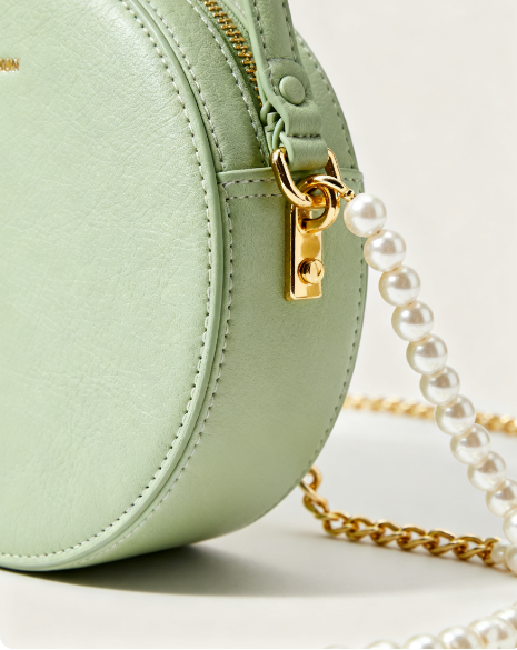 Mint Green Round Bag with Pearl Handle English Highlights