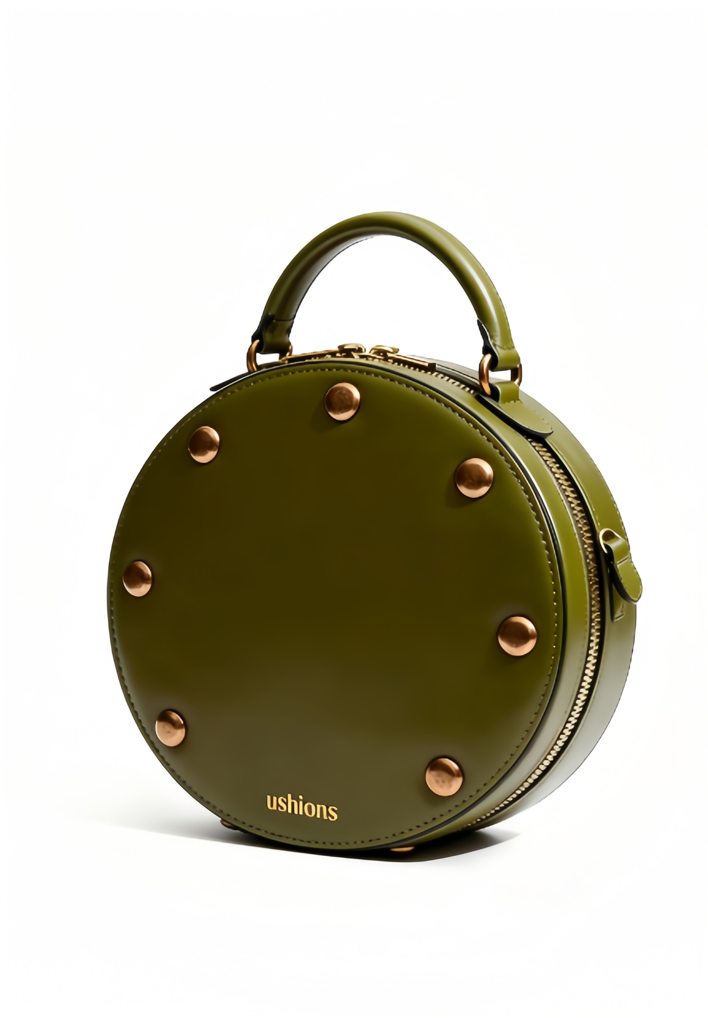 Olive Green Circular Leather Bag with Copper Studs