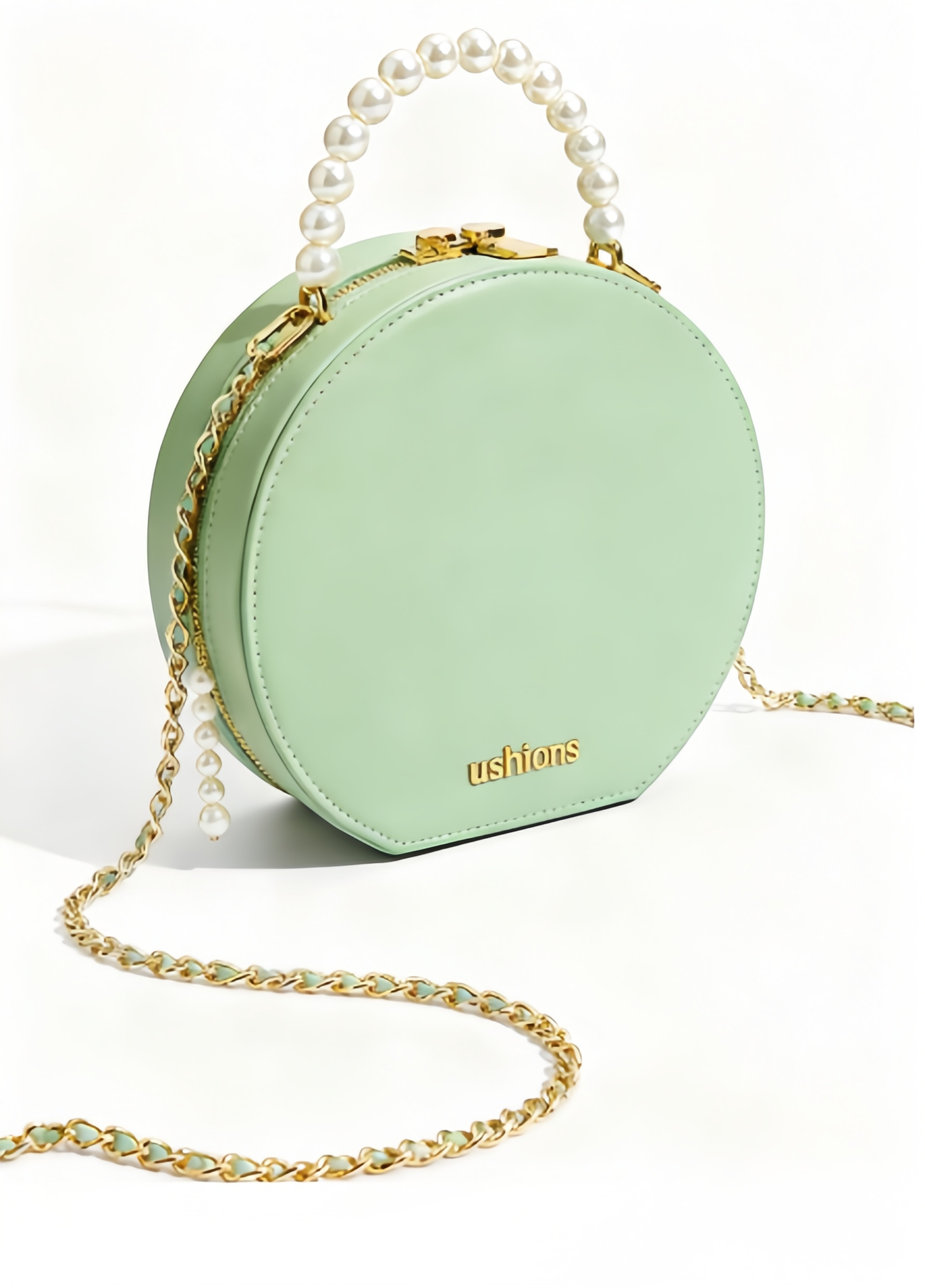 Mint Green Round Bag with Pearl Handle English Highlights