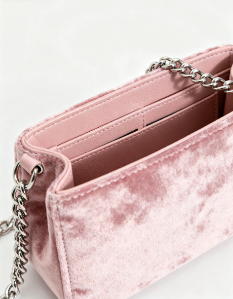 Silence Crossbody-Pink Velvet Crossbody Bag with Silver Chain