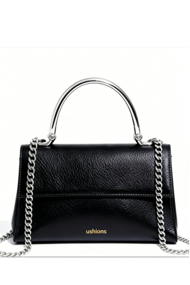 Midnight Locket--Black Leather Mini Bag with Silver Chain & Metal Handle