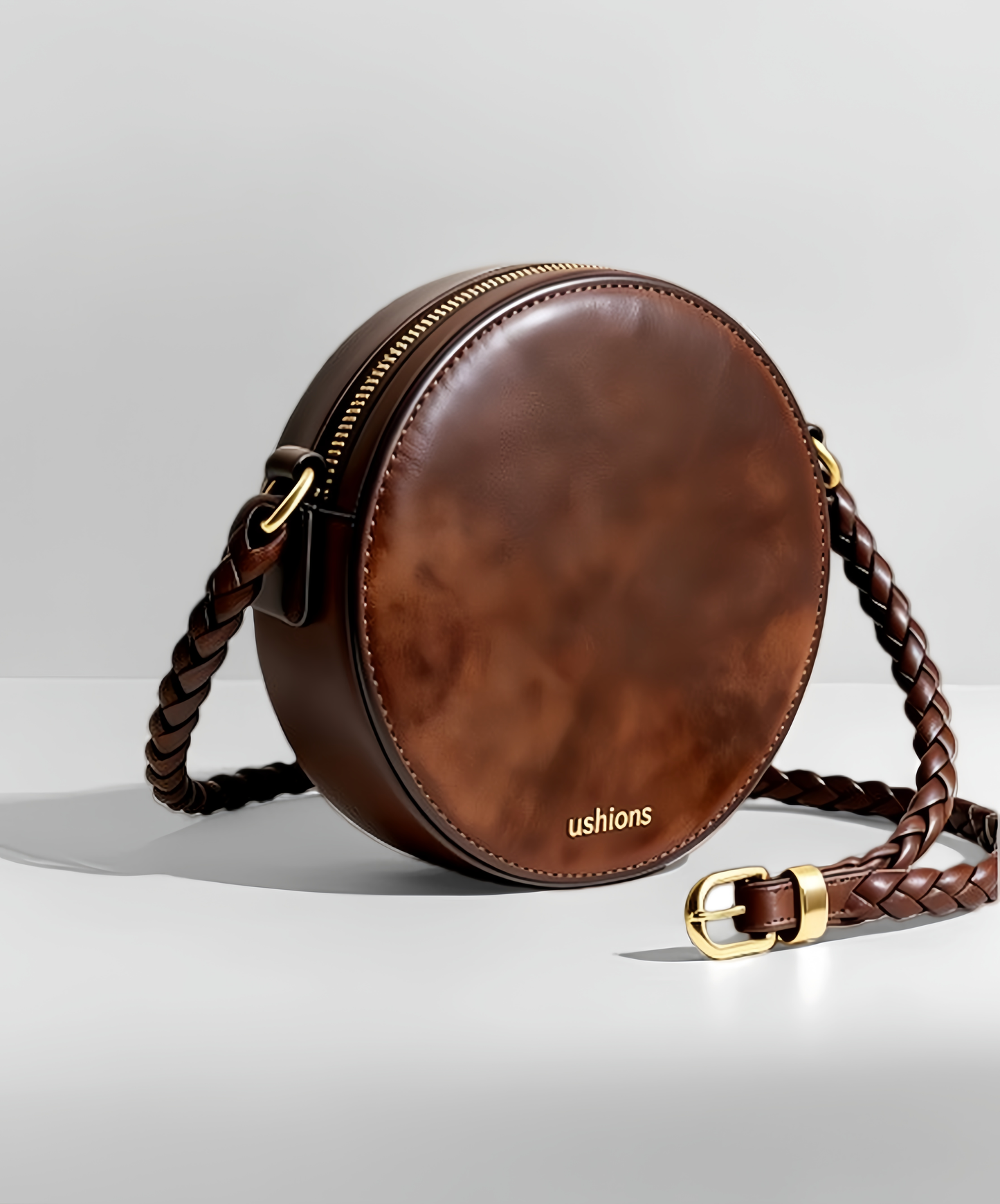 Brown Leather Round Crossbody Bag with Braided Strap