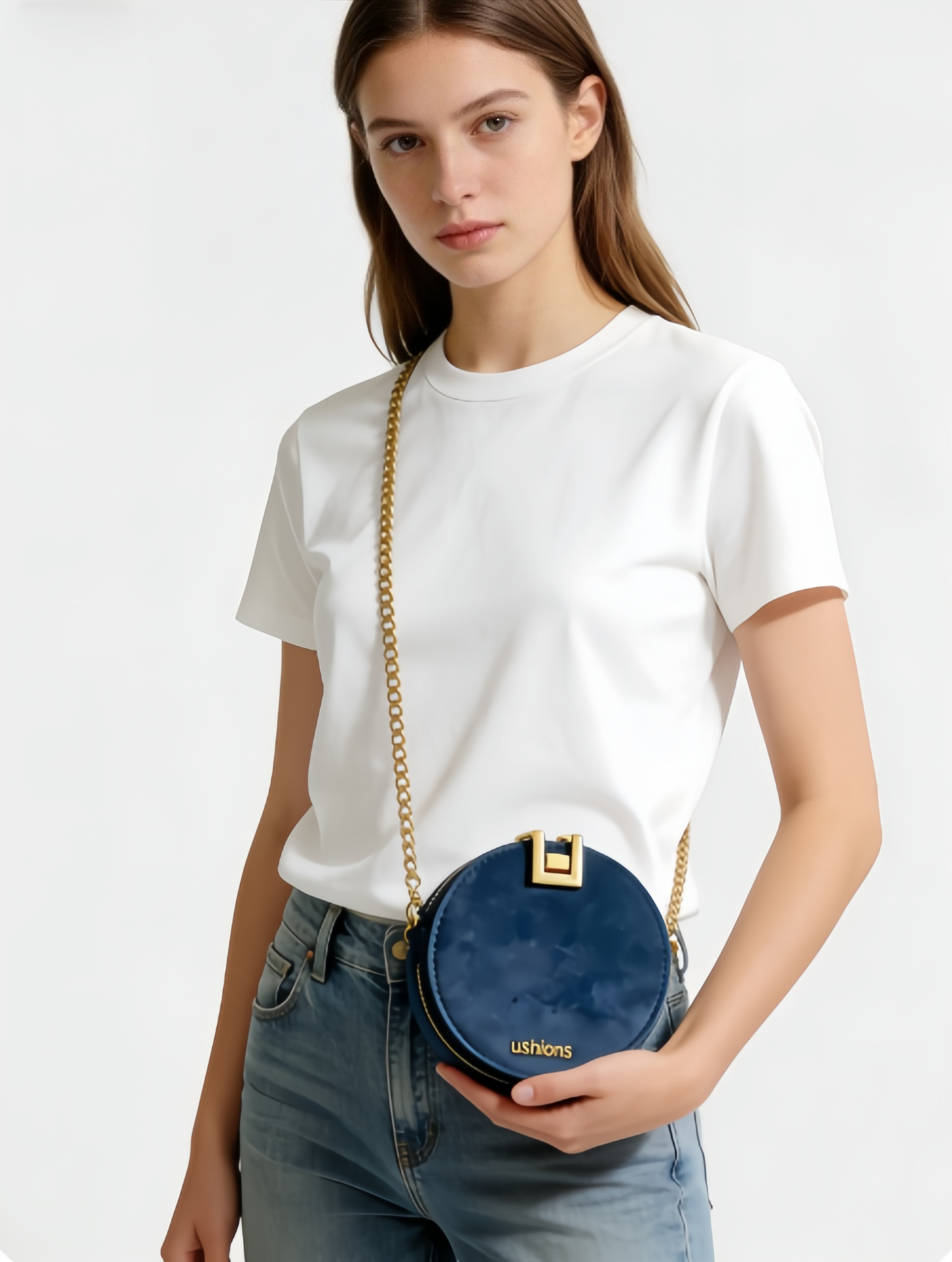Navy Blue Suede Round Crossbody Bag with Gold Chain