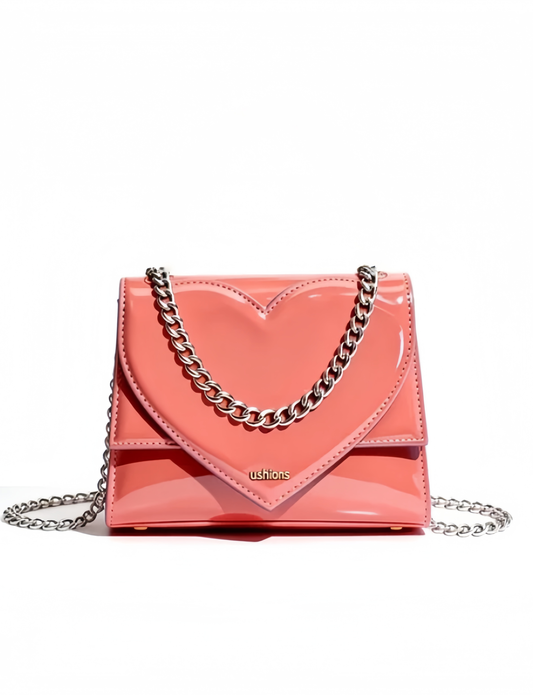 Patent Pulse -Pink Patent Leather Heart - Shaped Chain Crossbody Bag