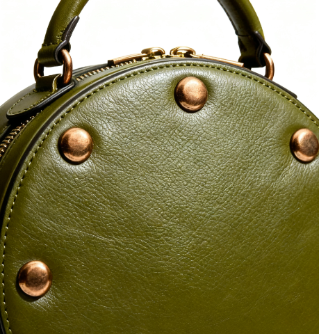 Olive Green Circular Leather Bag with Copper Studs