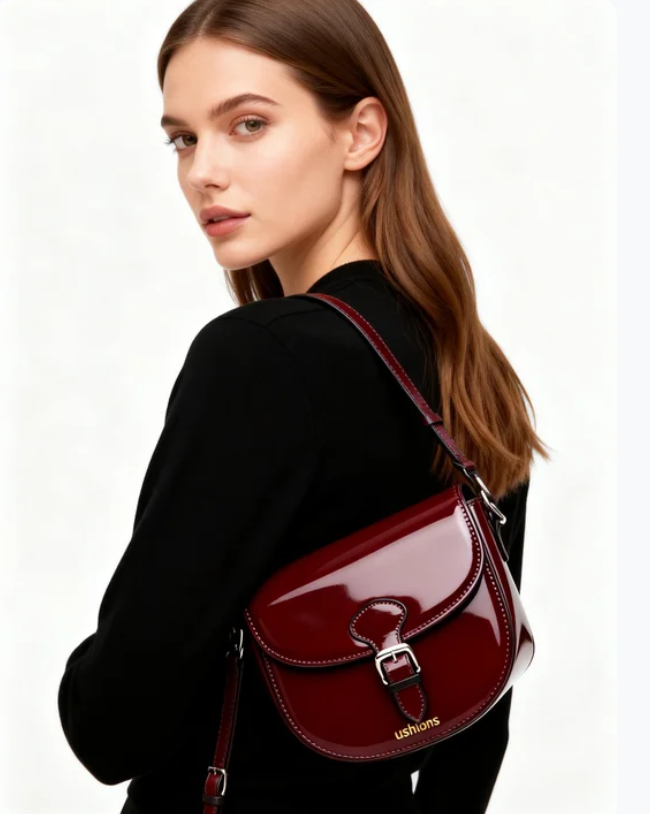 The Garnet Loop-Burgundy Patent Leather Saddle Bag: Retro Elegance Redefined