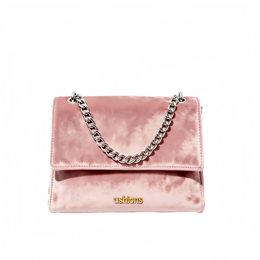 Silence Crossbody-Pink Velvet Crossbody Bag with Silver Chain
