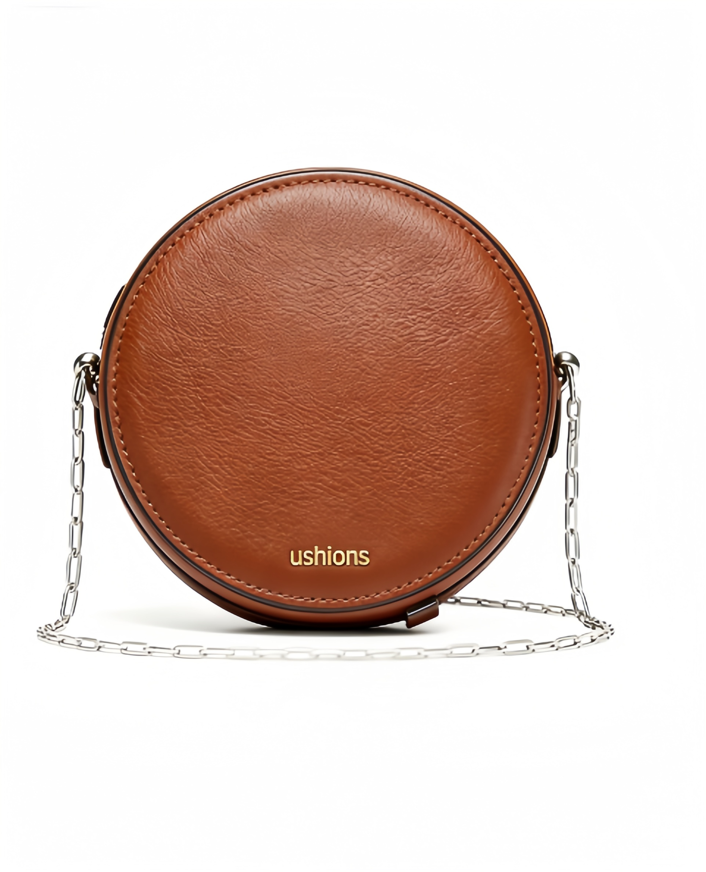 Cocoon Round-Brown Leather Circular Crossbody Bag with Silver Chain