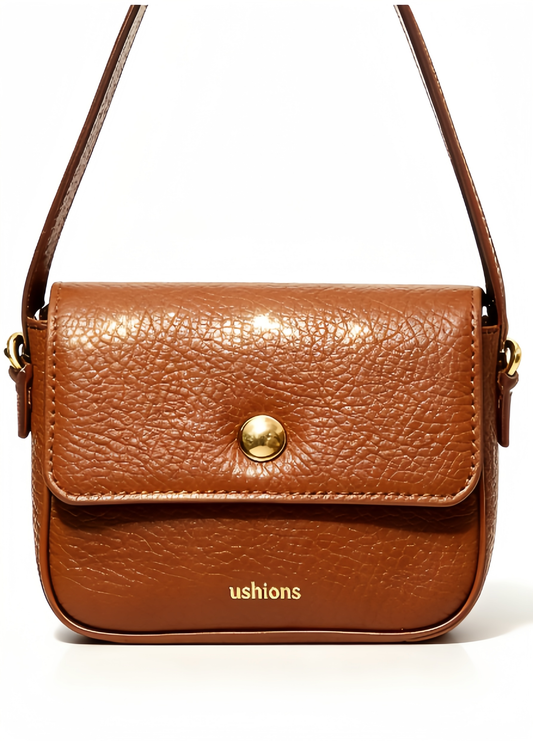 Brown Textured Leather Shoulder Bag with Gold Button