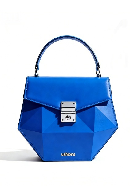Blue Geometric Top-Handle Bag with Silver Hardware