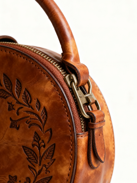 Braid & Rest-Brown Tooled Leather Circular Top-Handle Crossbody Bag
