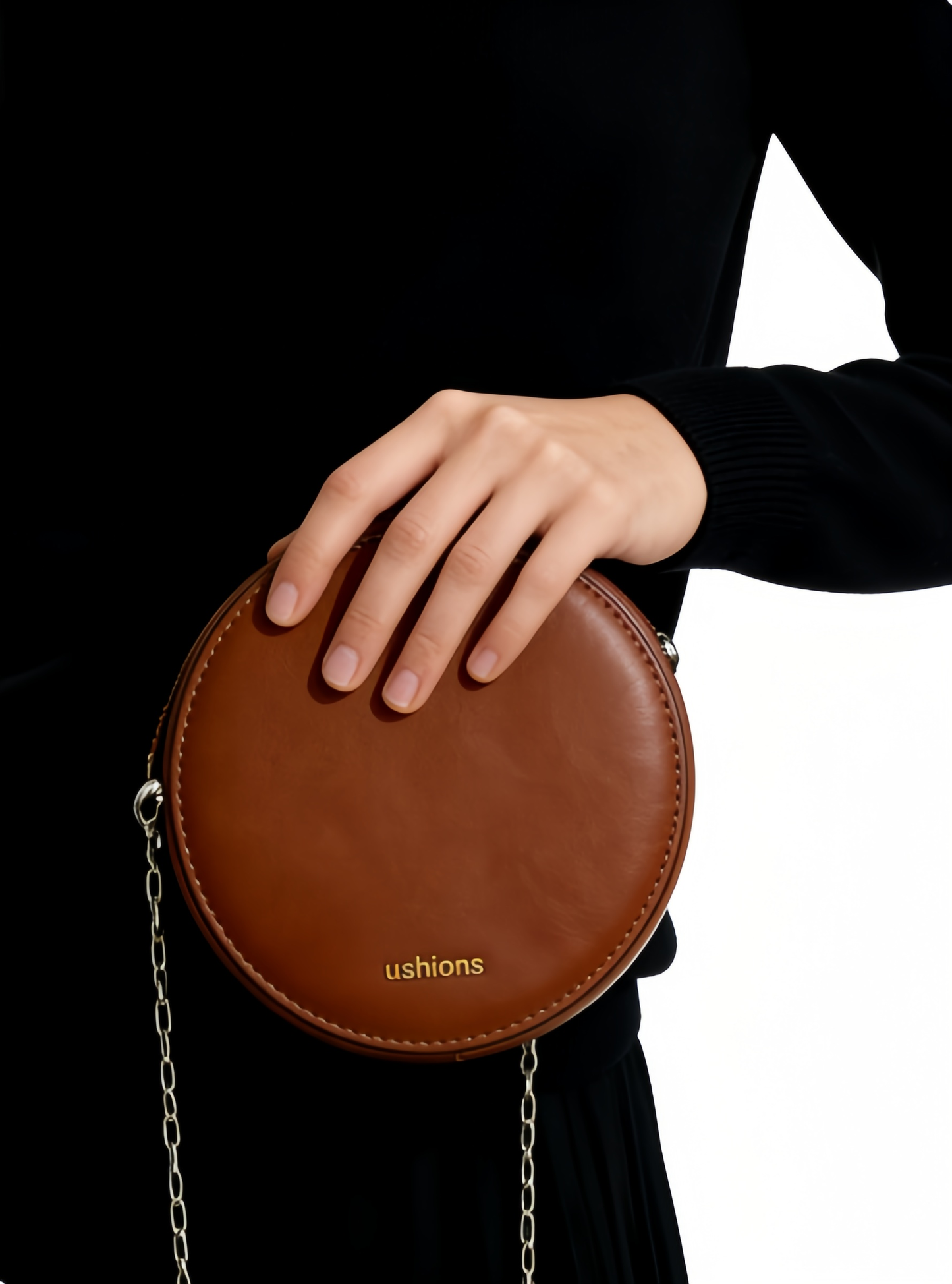 Cocoon Round-Brown Leather Circular Crossbody Bag with Silver Chain
