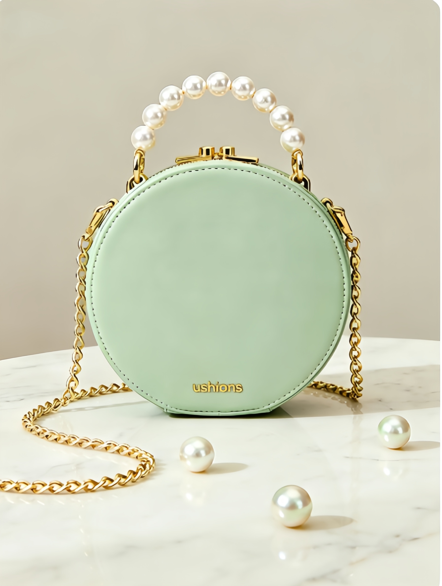 Mint Green Round Bag with Pearl Handle English Highlights
