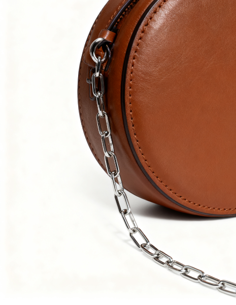 Cocoon Round-Brown Leather Circular Crossbody Bag with Silver Chain