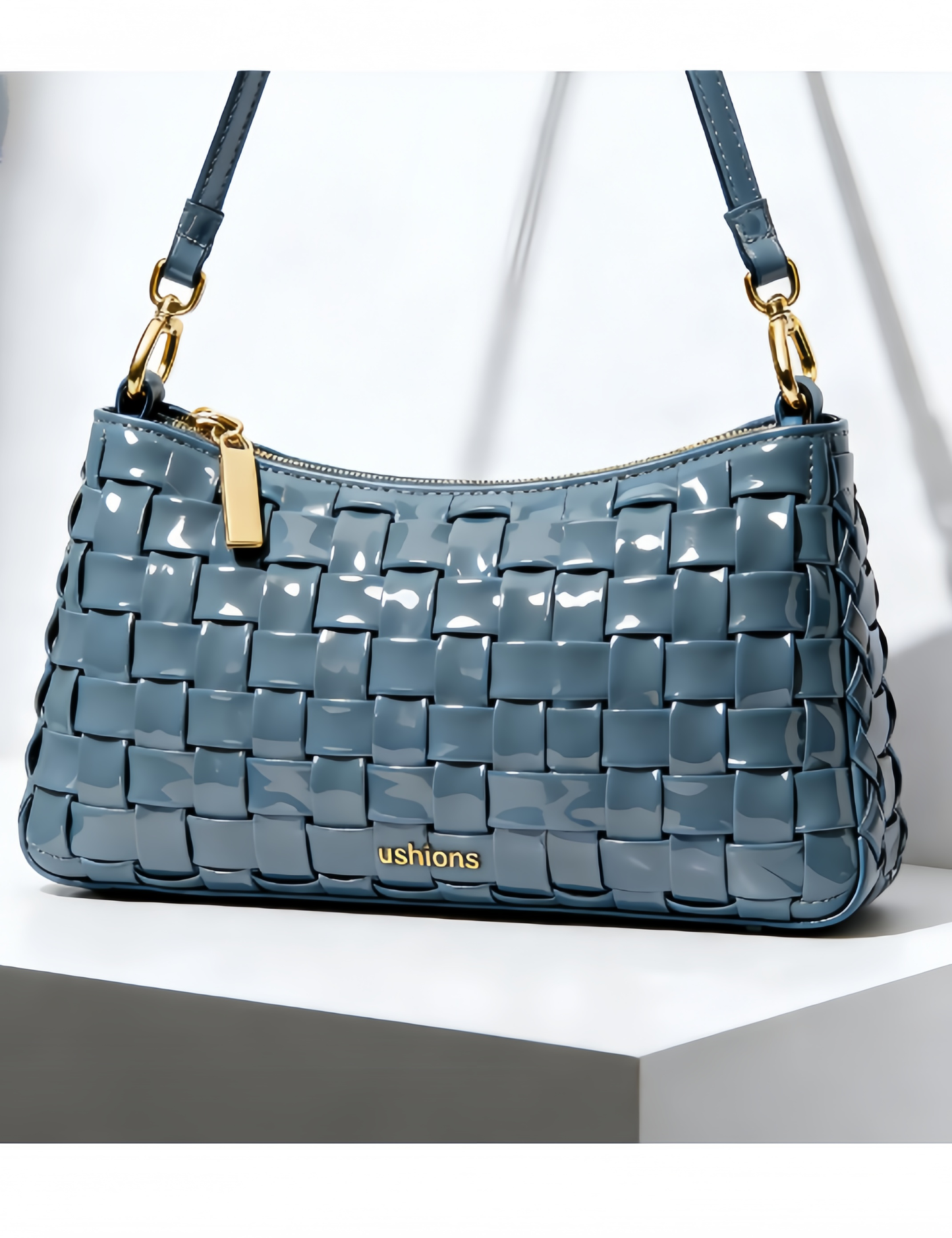 Blue Woven Patent Leather Shoulder Bag: Chic Texture & Shine