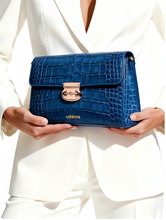 Blue Croc-Embossed Clutch with Rose Gold Clasp Bags