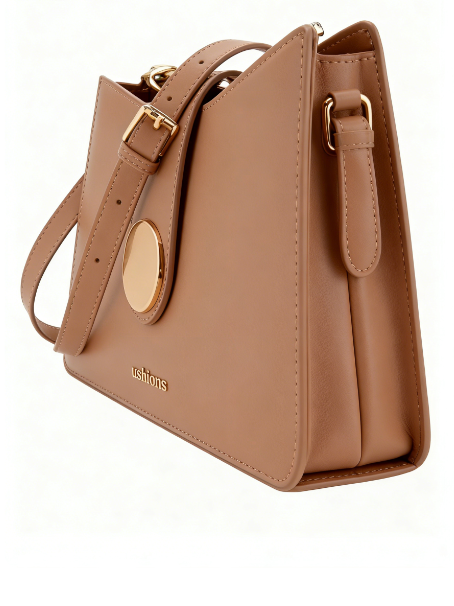Tan Leather Shoulder Bag with Gold Circular Clasp