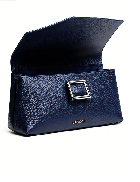 Navy Textured Leather Clutch Bags with Silver Square Clasp