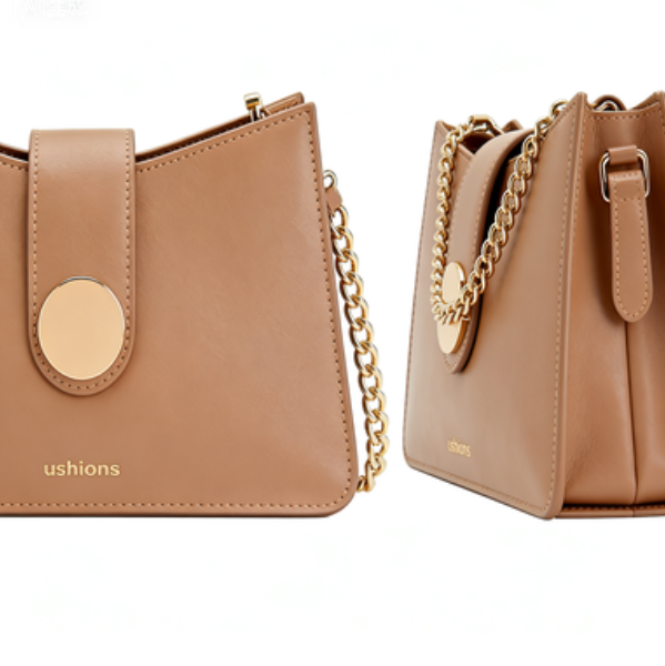 Tan Leather Shoulder Bag with Gold Circular Clasp