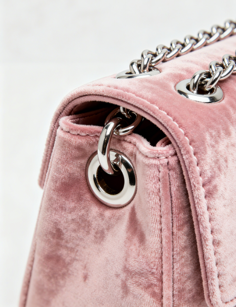 Silence Crossbody-Pink Velvet Crossbody Bag with Silver Chain