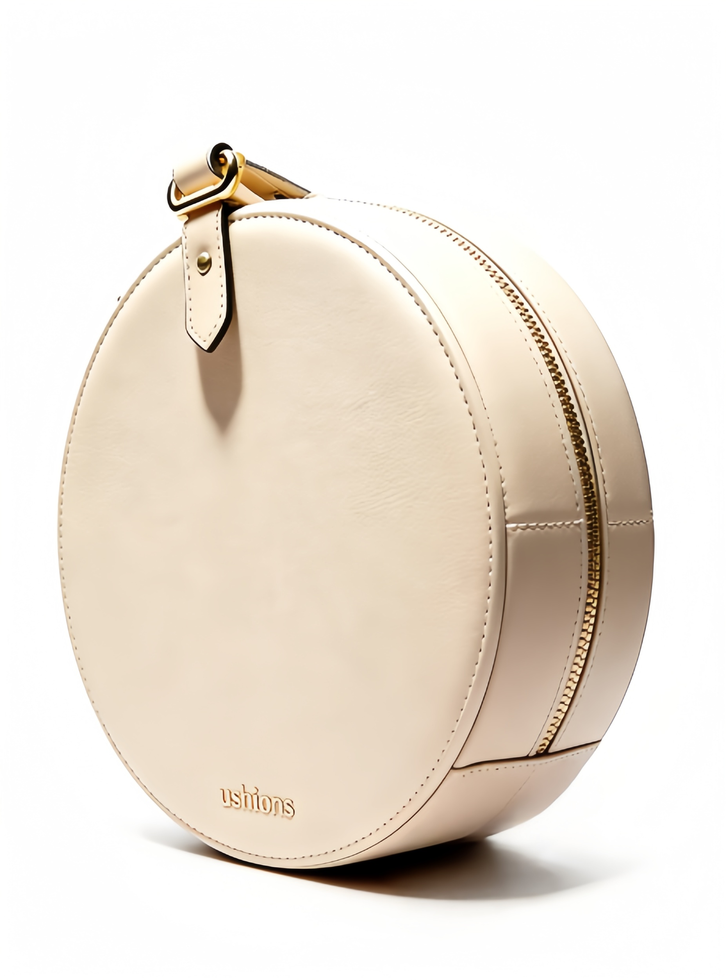 Utopia Circle-Beige Circular Leather Crossbody Bag with Gold Hardware