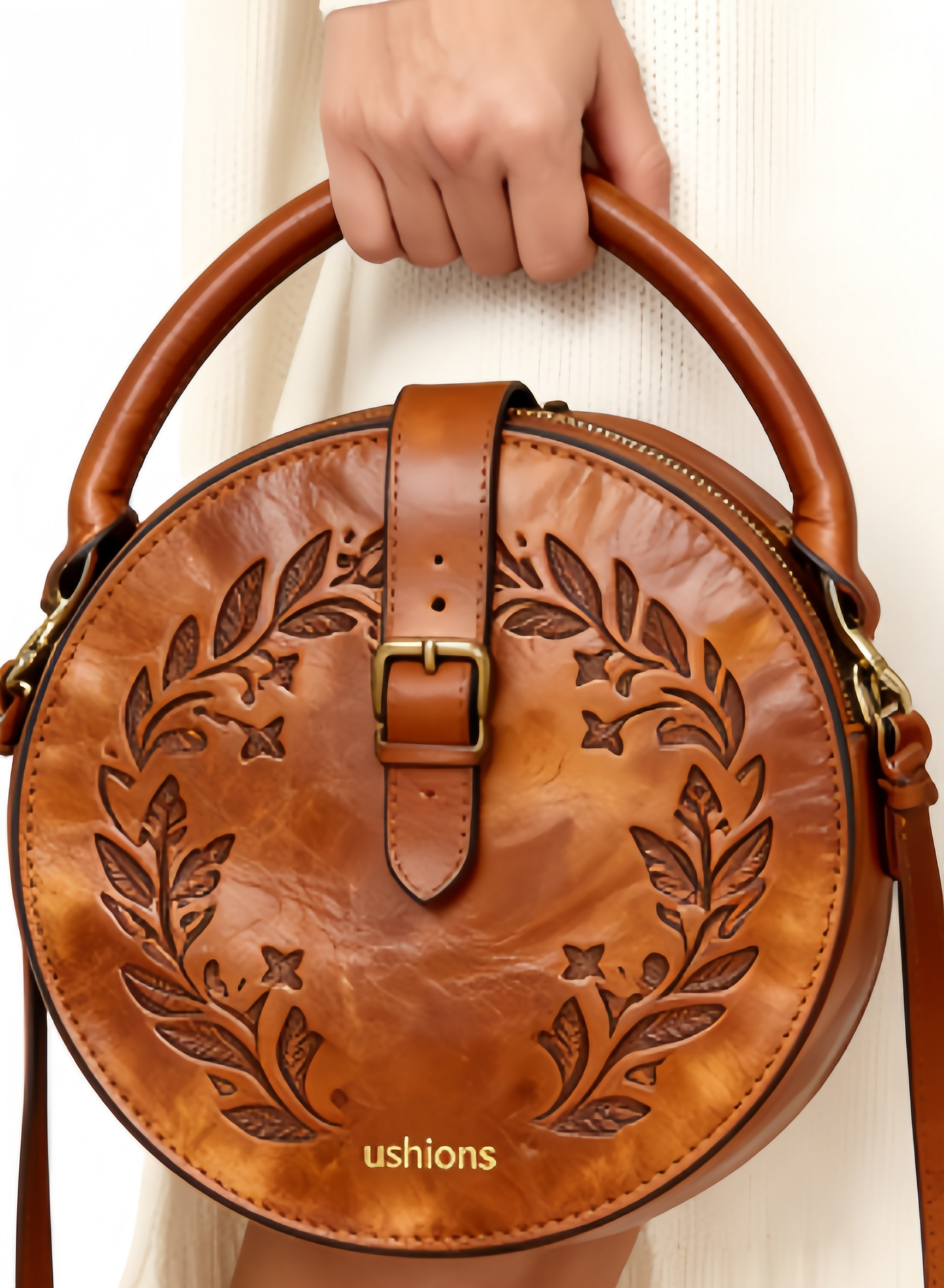 Braid & Rest-Brown Tooled Leather Circular Top-Handle Crossbody Bag