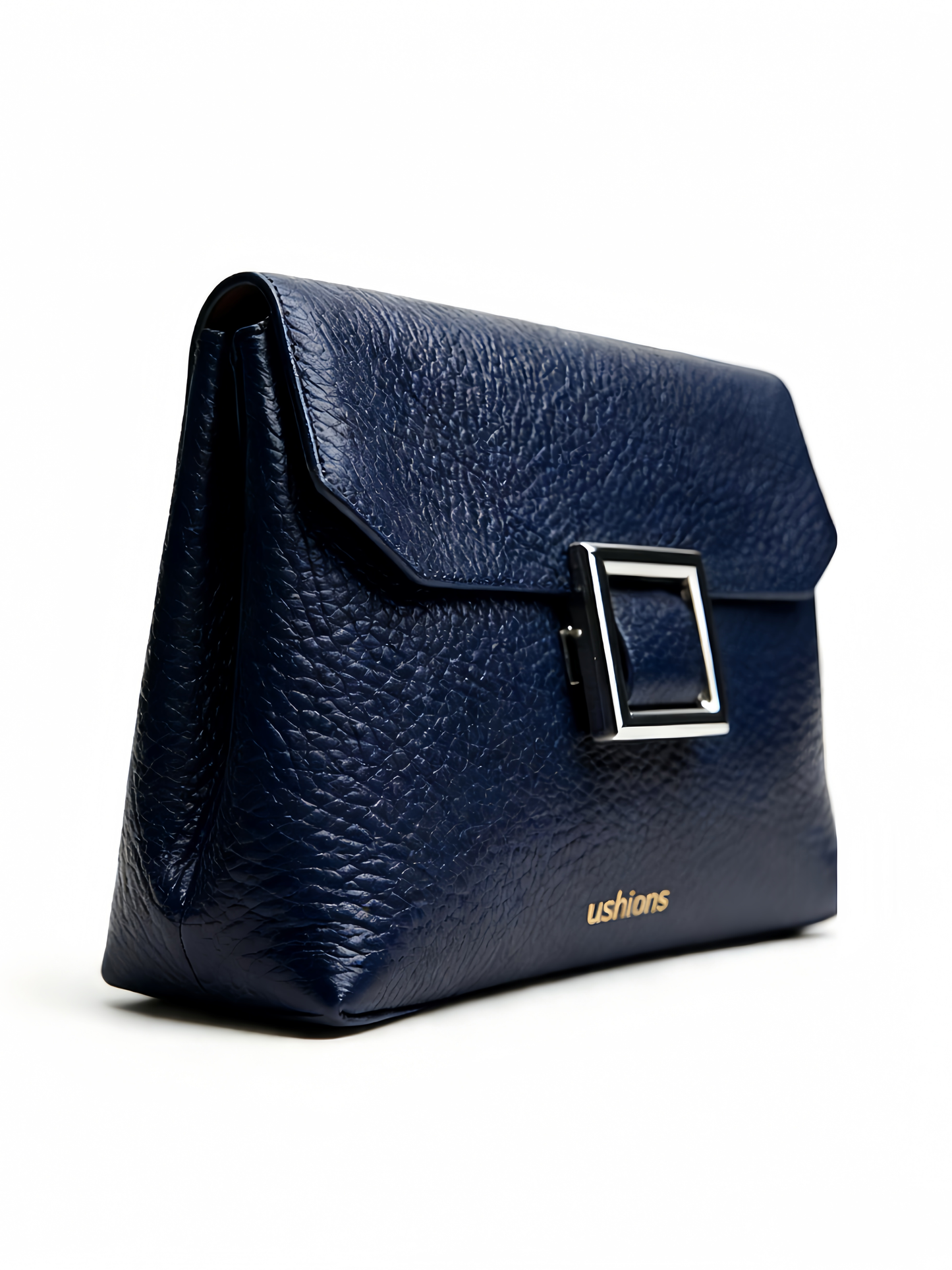 Navy Textured Leather Clutch Bags with Silver Square Clasp