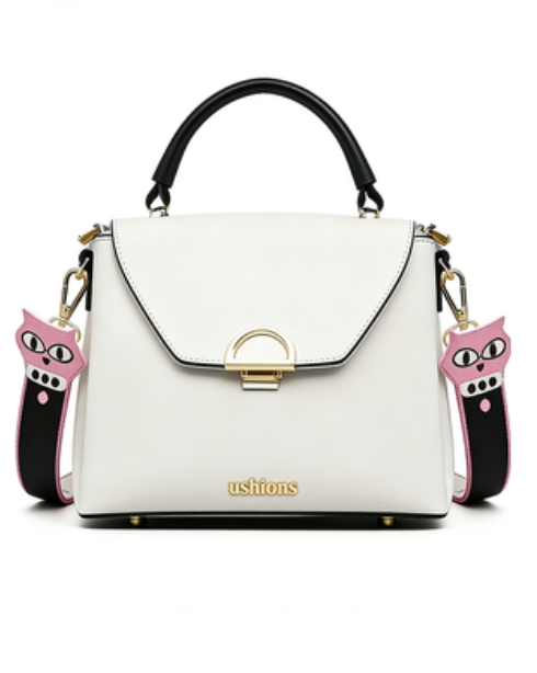 White Top-Handle Bag with Cartoon Patterned Strap