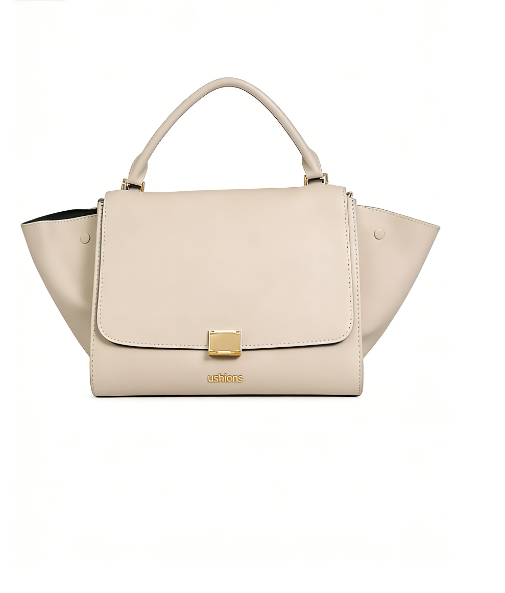 Beige Trapeze Top-Handle Bag with Gold Hardware