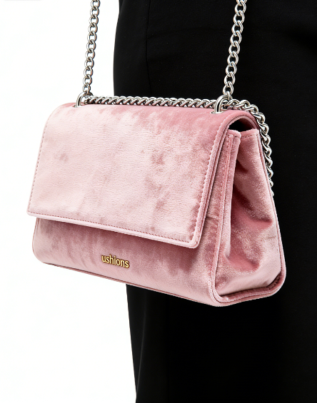 Silence Crossbody-Pink Velvet Crossbody Bag with Silver Chain