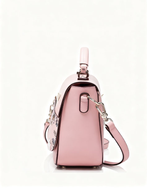 Pink Cat & Floral Print Top-Handle Crossbody Bag