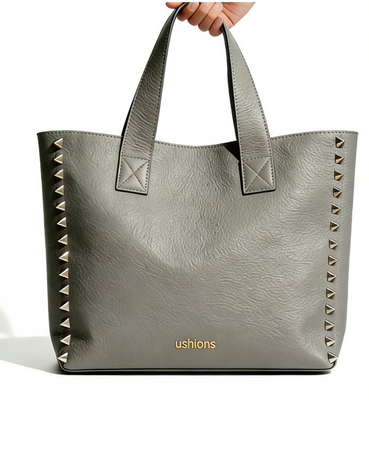 Grey Studded Leather Tote: Edgy Elegance for Everyday