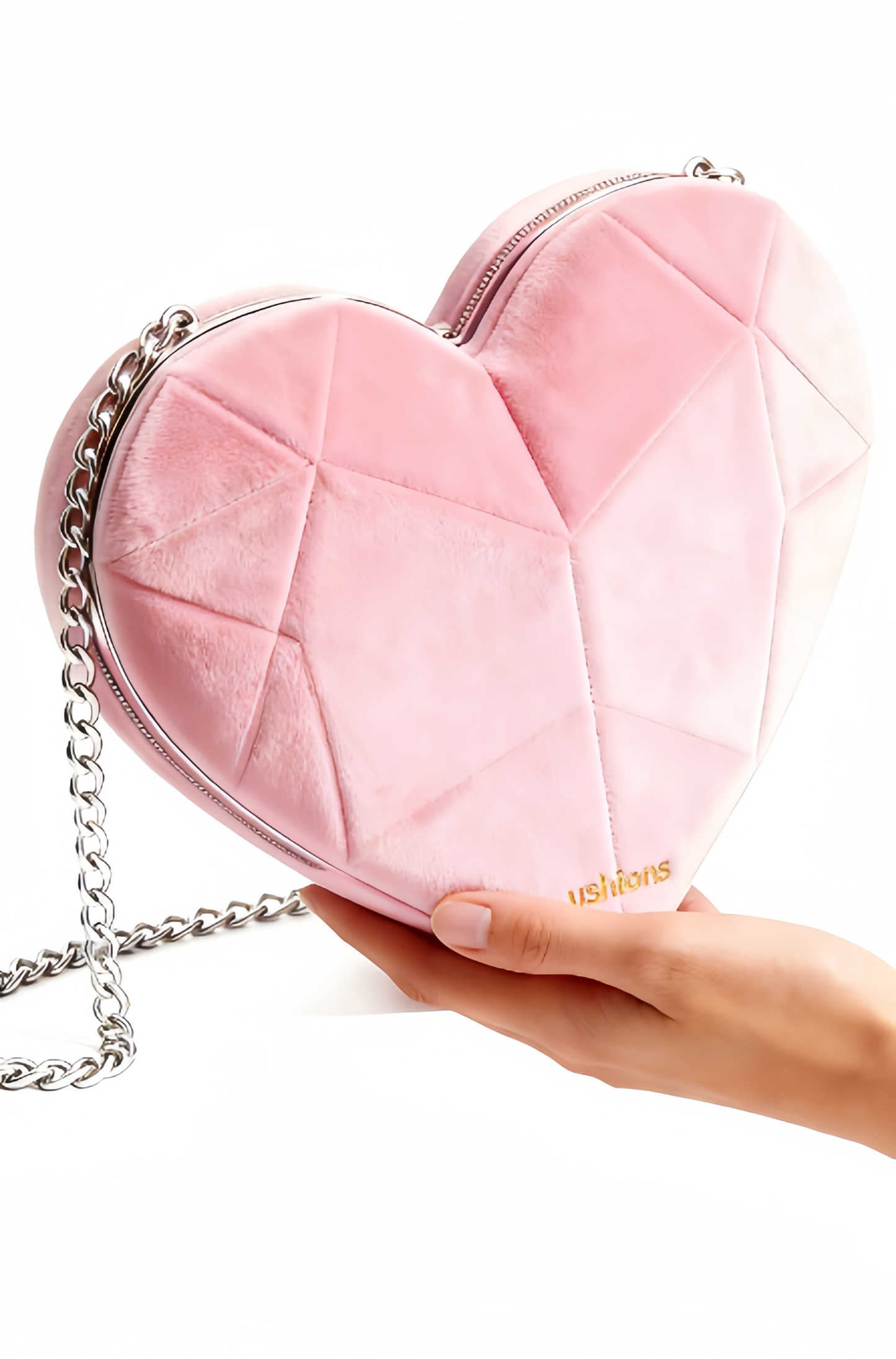 Pink Velvet Heart-Shaped Crossbody Bag with Silver Chain