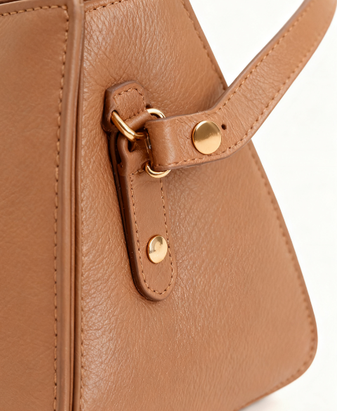 Tan Leather Shoulder Bag with Gold Circular Clasp