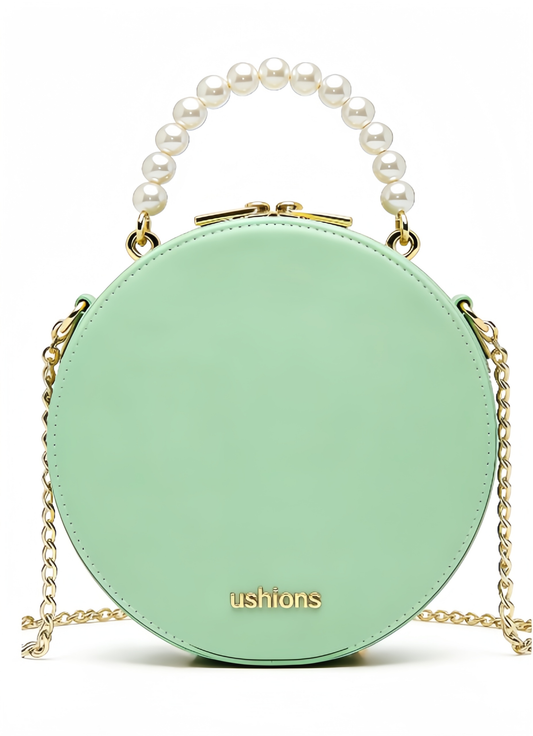 Mint Green Round Bag with Pearl Handle English Highlights