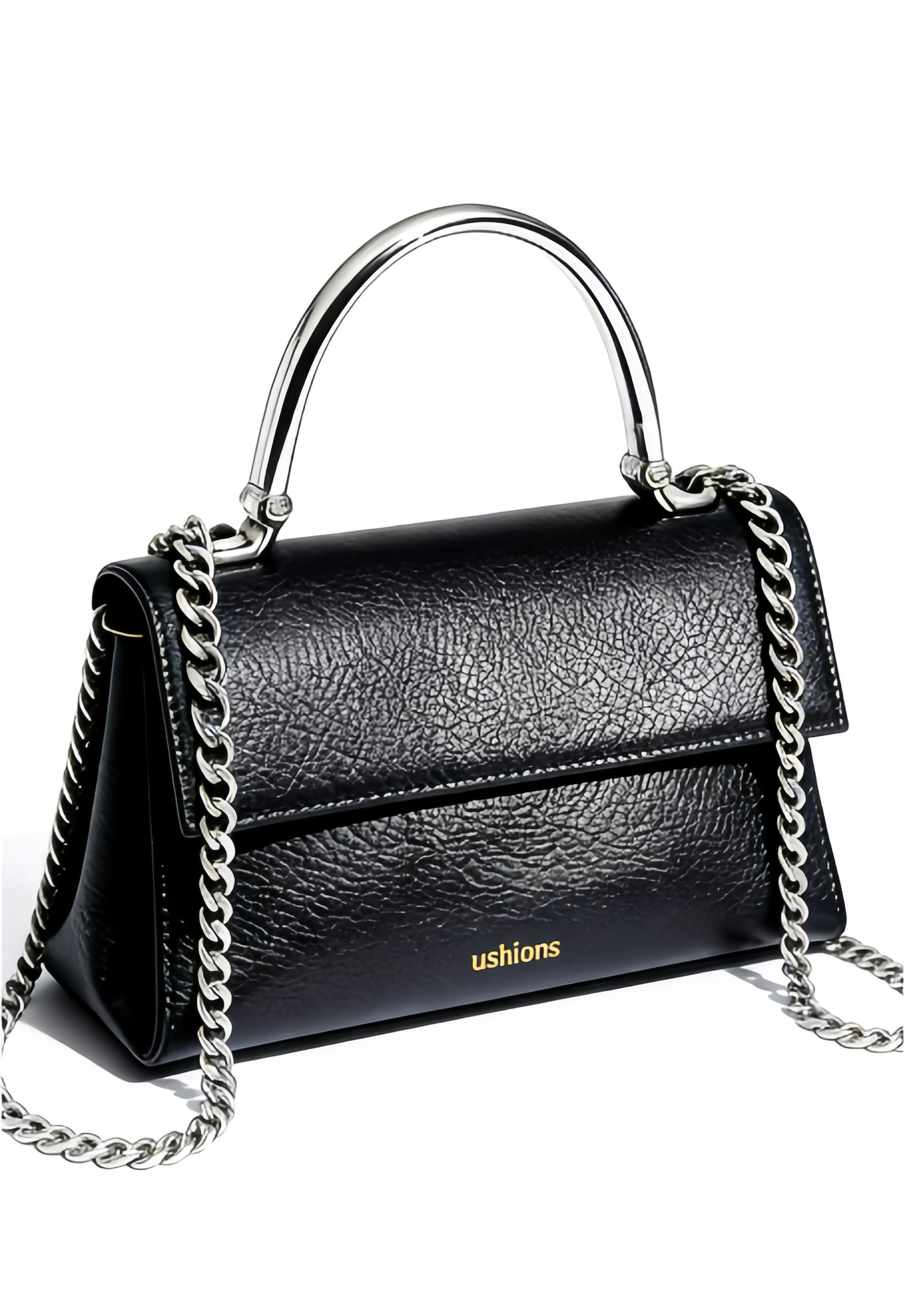 Midnight Locket--Black Leather Mini Bag with Silver Chain & Metal Handle