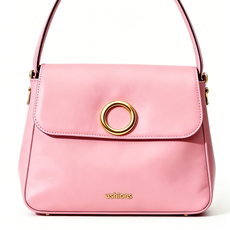 Pink Leather Top-Handle Bag with Gold Circle Accent