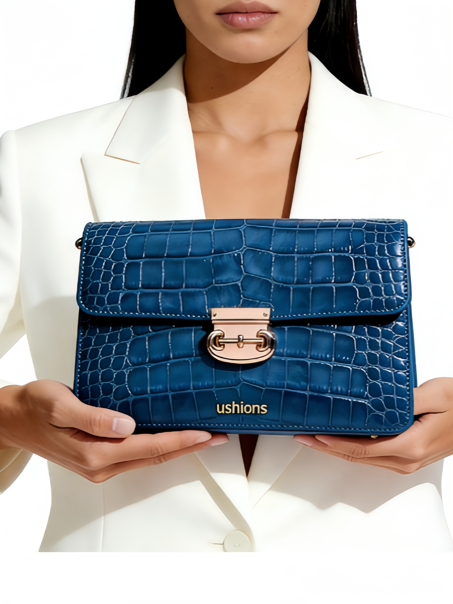 Blue Croc-Embossed Clutch with Rose Gold Clasp Bags