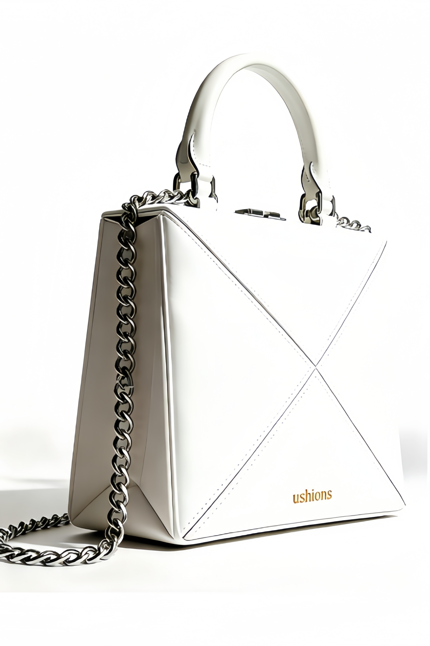 The Geometric Frame-White Geometric Square Top Handle Bag with Silver Chain