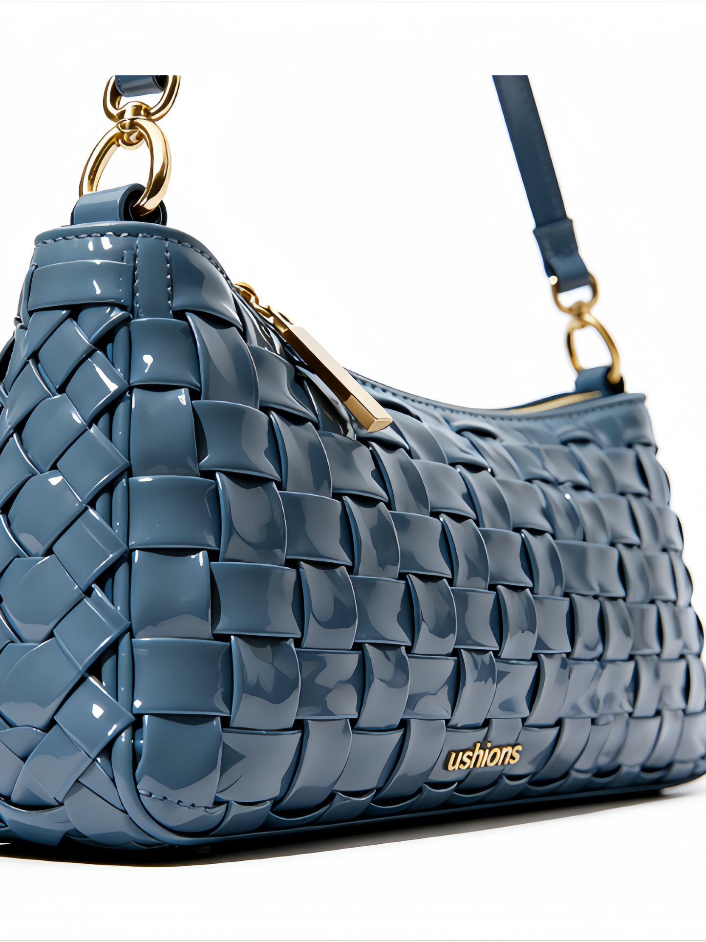 Blue Woven Patent Leather Shoulder Bag: Chic Texture & Shine