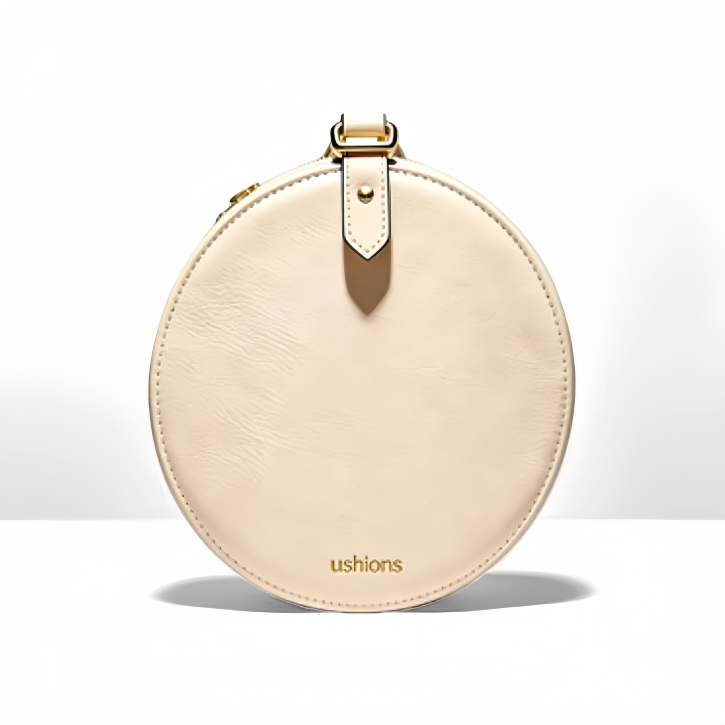 Utopia Circle-Beige Circular Leather Crossbody Bag with Gold Hardware