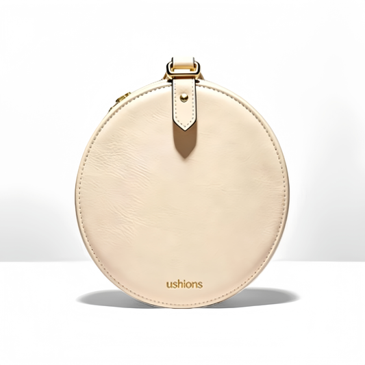 Utopia Circle-Beige Circular Leather Crossbody Bag with Gold Hardware
