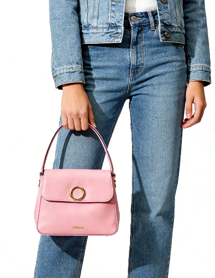 Pink Leather Top-Handle Bag with Gold Circle Accent